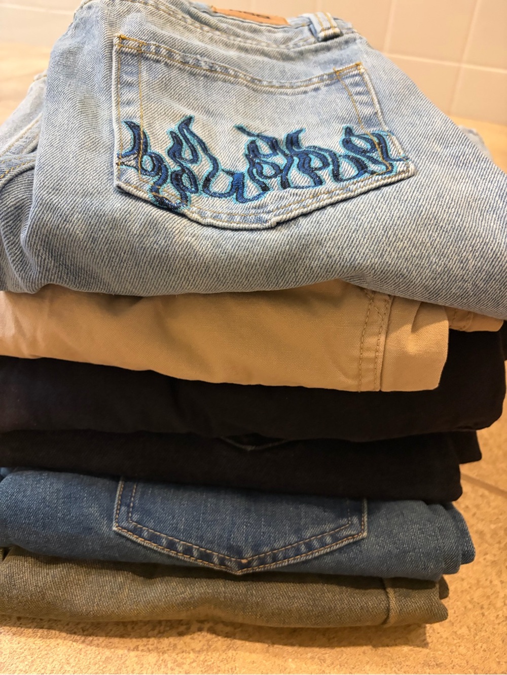 RSQ Light Blue Denim Kids Jeans with Blue Flame Pocket Embroidery
